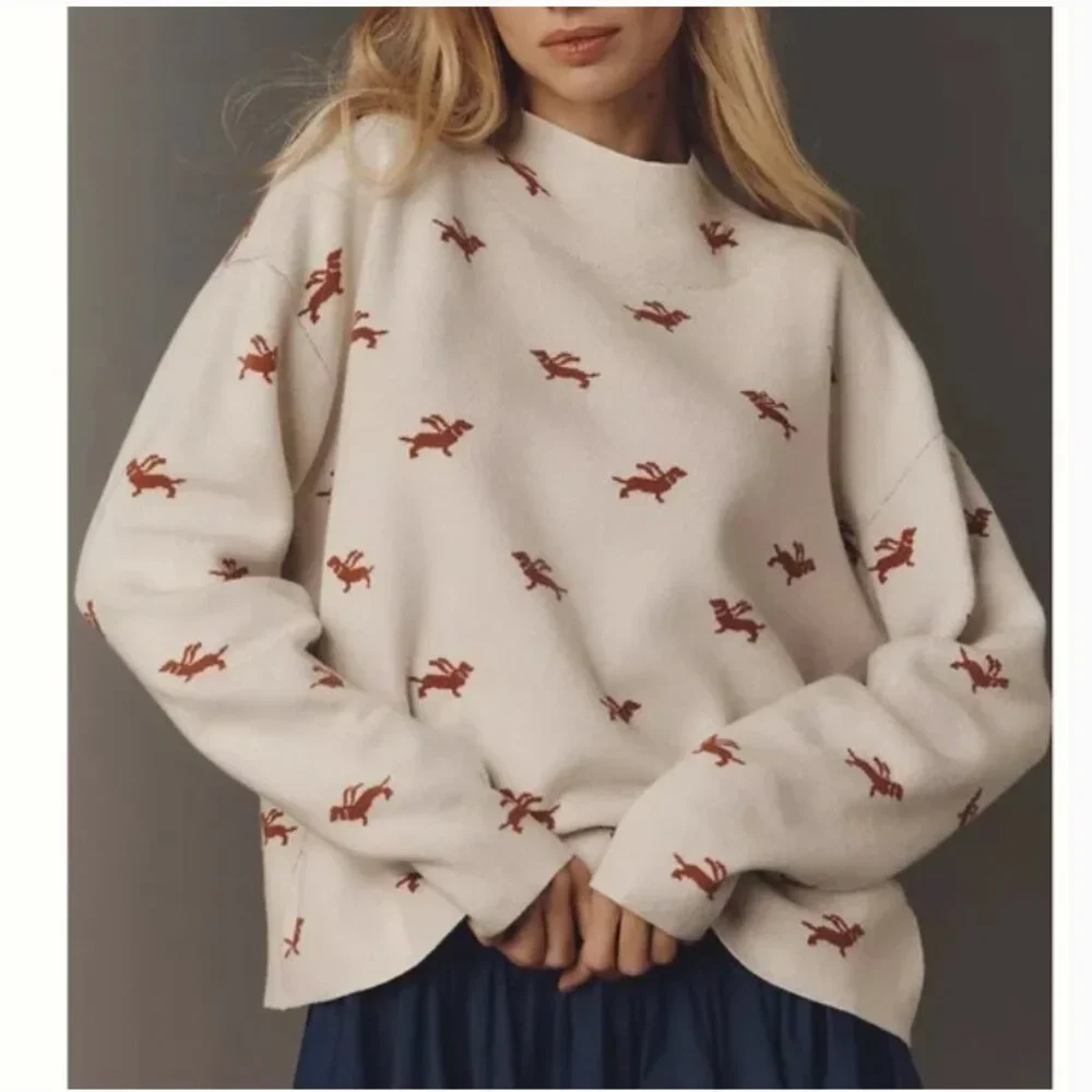 Anthropologie Maeve The Carys Mock-Neck Sweater dachshund dog graphics size XL - Picture 1 of 10